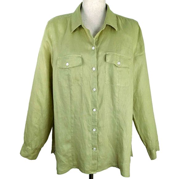 J. Jill Love Linen Women’s LG Button Up Shirt Chartreuse Green Long Sleeve - Picture 1 of 7